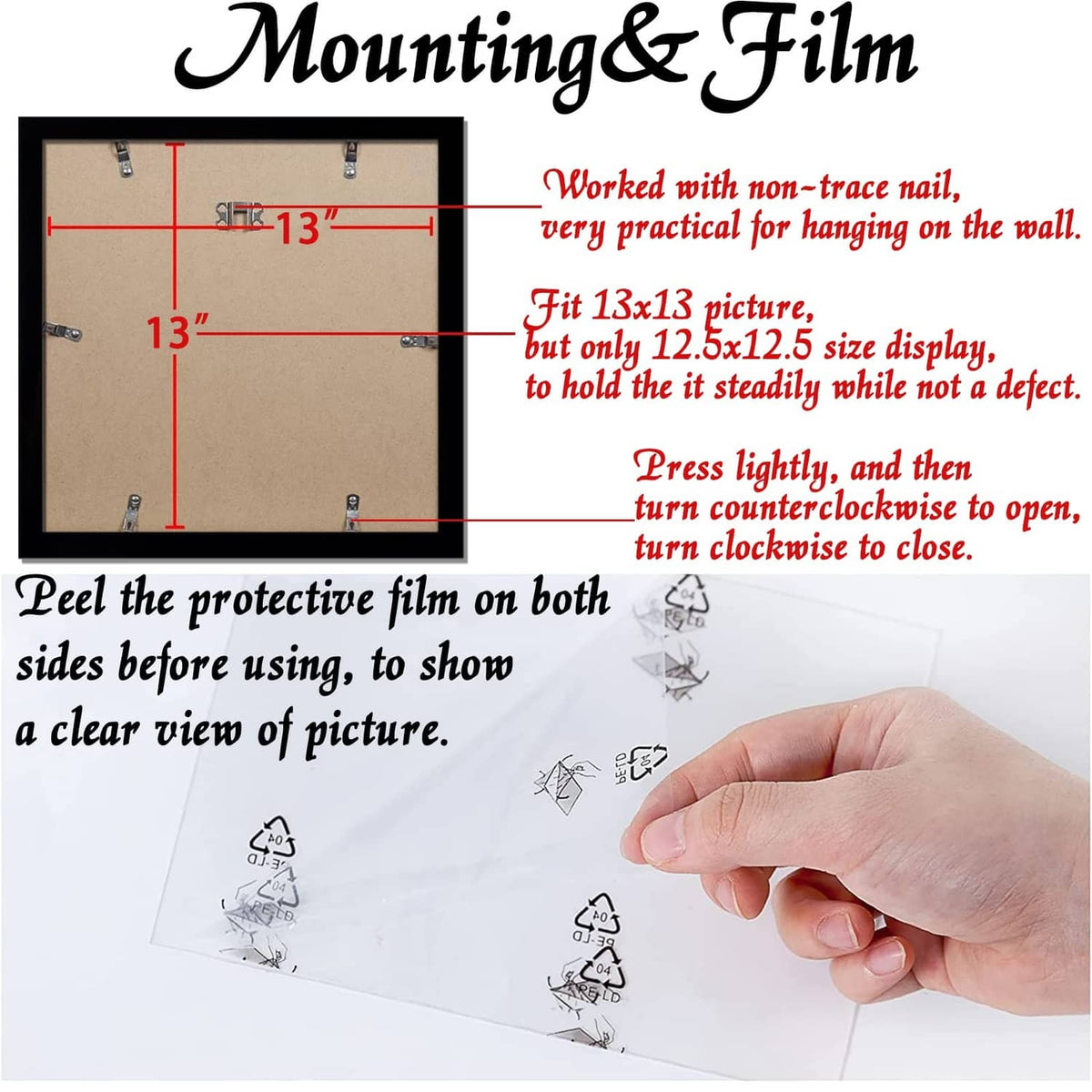 Black picture frame back panel with protective film showing on clear insert