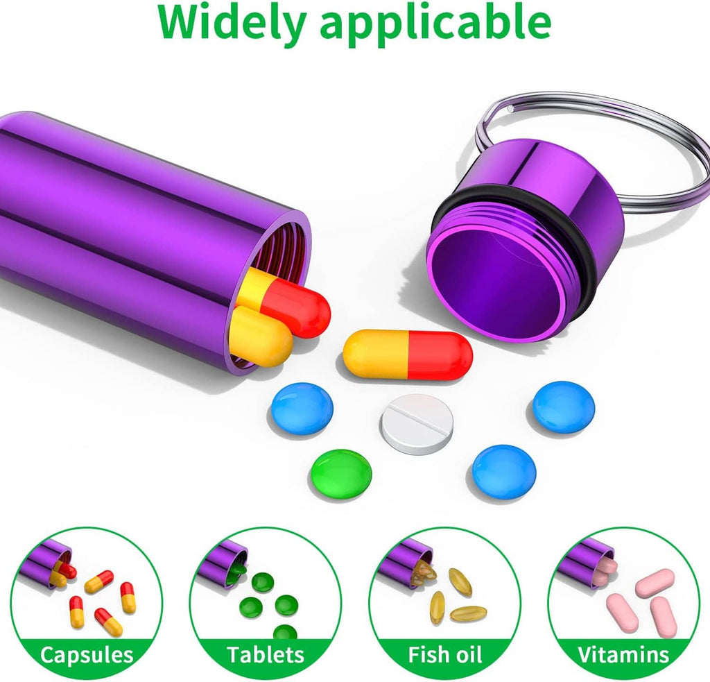Purple pill case with key ring and example capsules, tablets, fish oil, and vitamins.