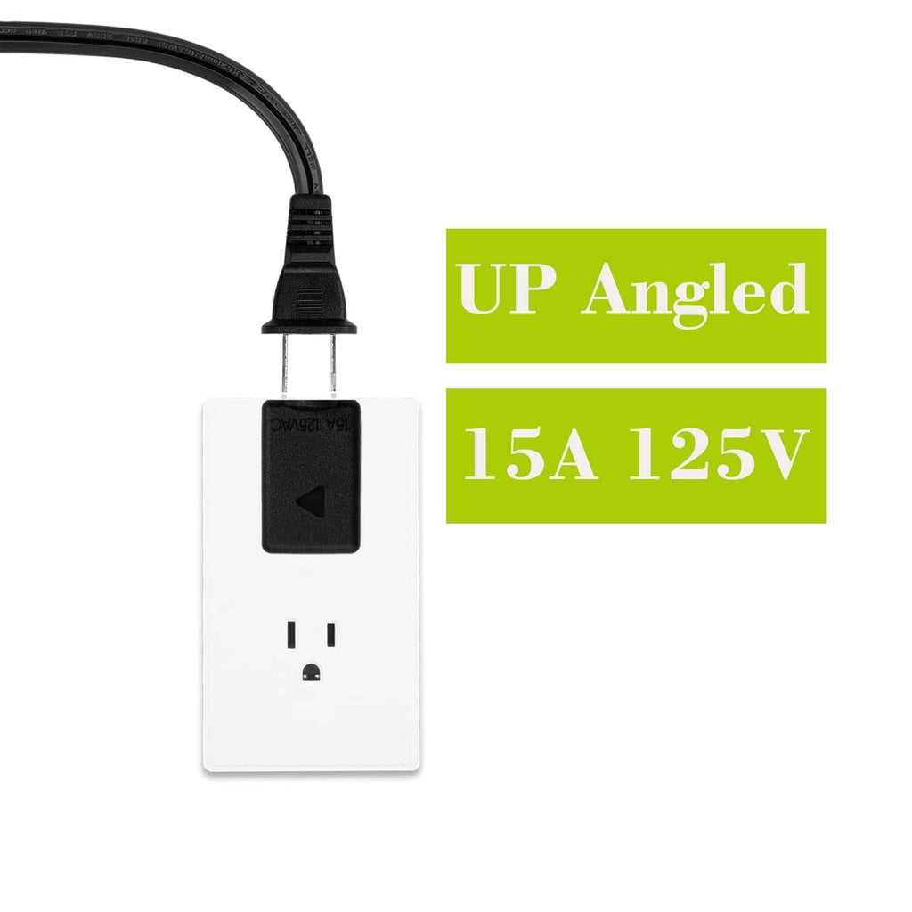 Black upward angled 2-prong AC adapter connected to a power cord