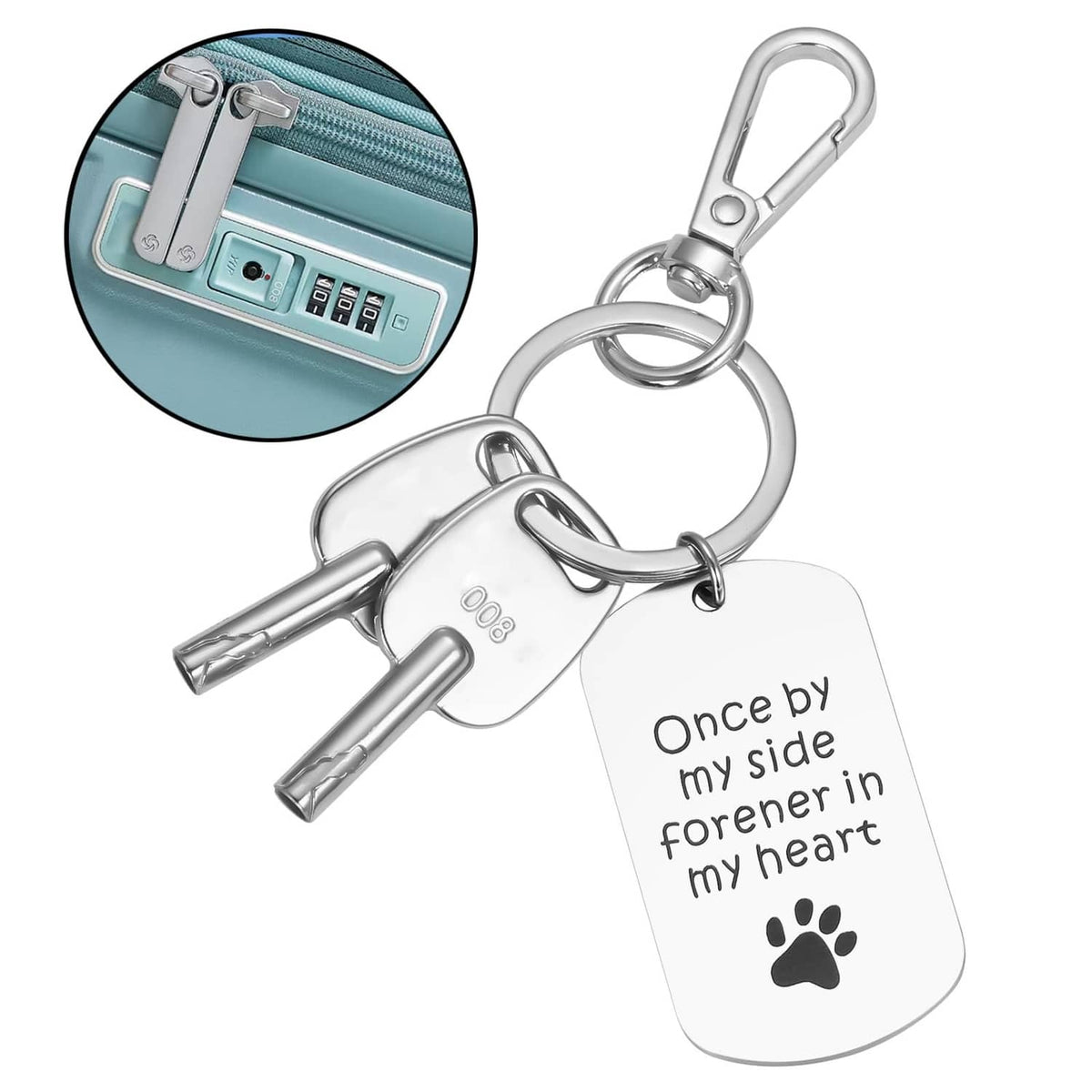 Two silver 008 luggage keys on keyrings with engraved paw tag