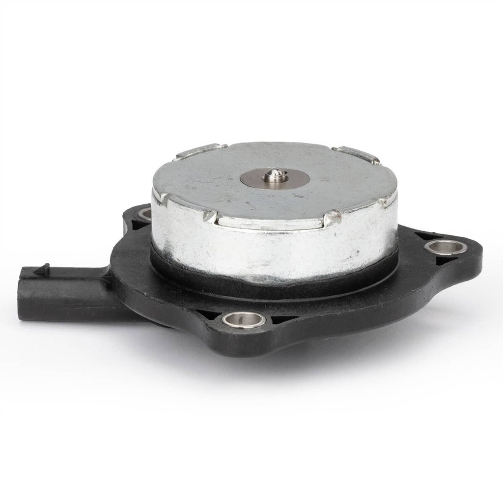 Camshaft phaser actuator, round metal housing with central bolt and black bracket
