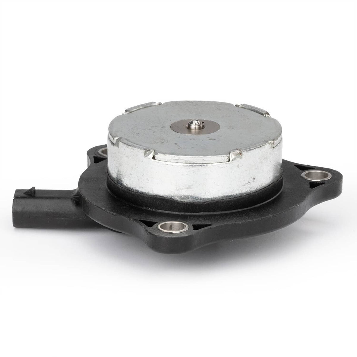 Camshaft phaser actuator, round metal housing with central bolt and black bracket