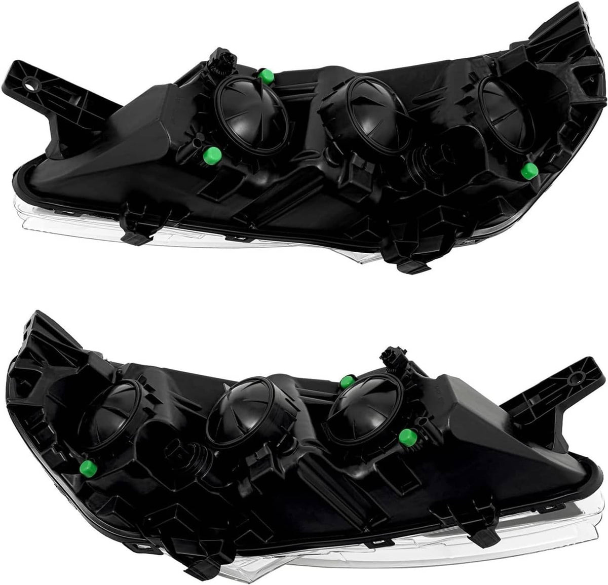 Halogen headlight housings with bulb sockets and green alignment points