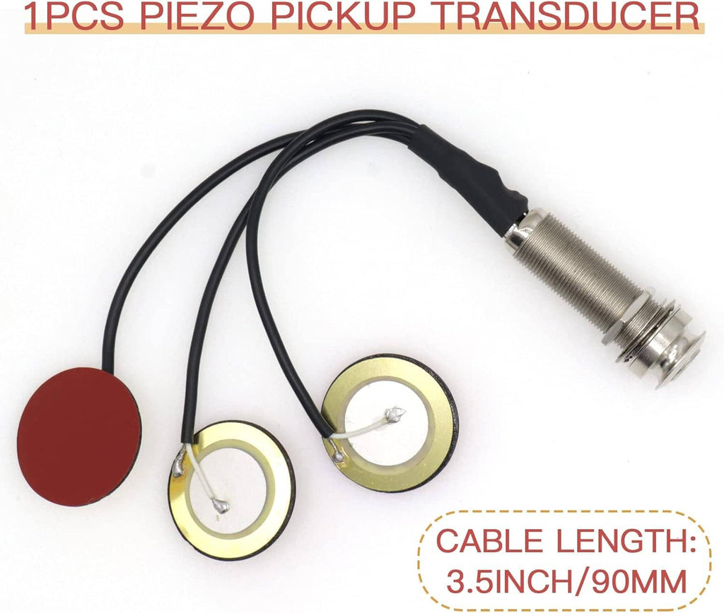 Three-piezo contact microphone set with red pad, gold bases, and 1/4-inch plug cable