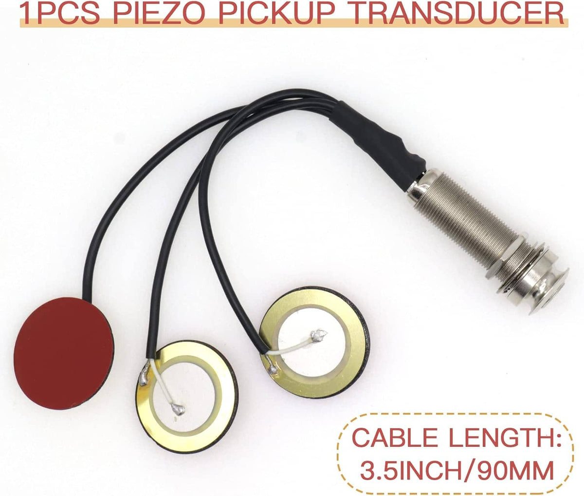 Three-piezo contact microphone set with red pad, gold bases, and 1/4-inch plug cable