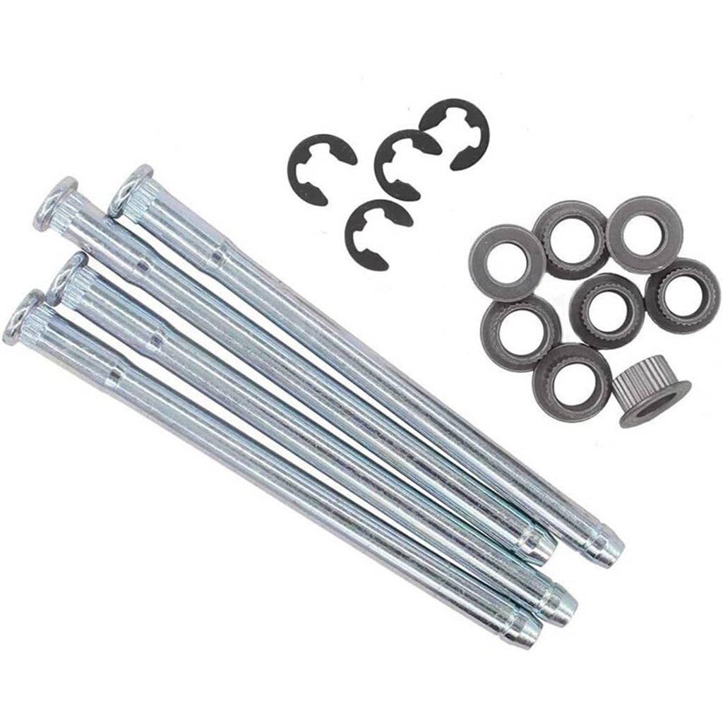 Door hinge pin bushing repair kit with two steel pins, gray bushings, and metal clips