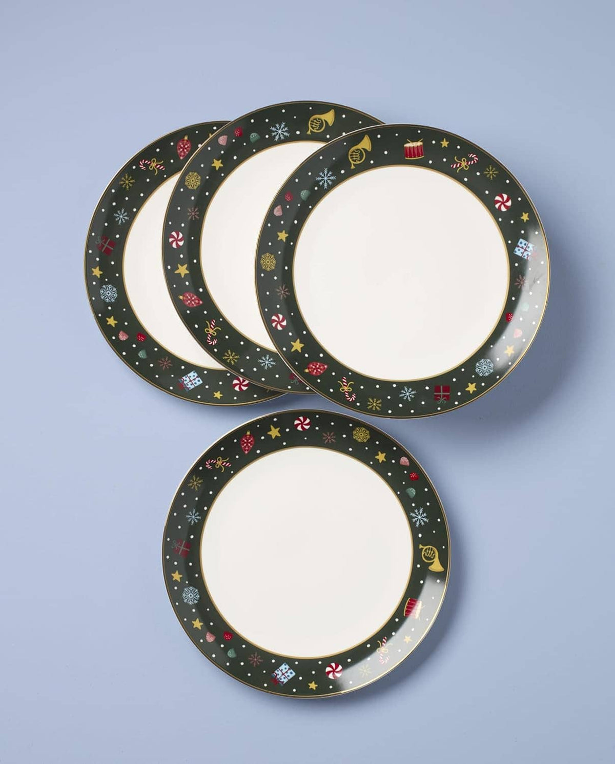 Porcelain dinner plates set of 3 with white centers and dark holiday wreath border