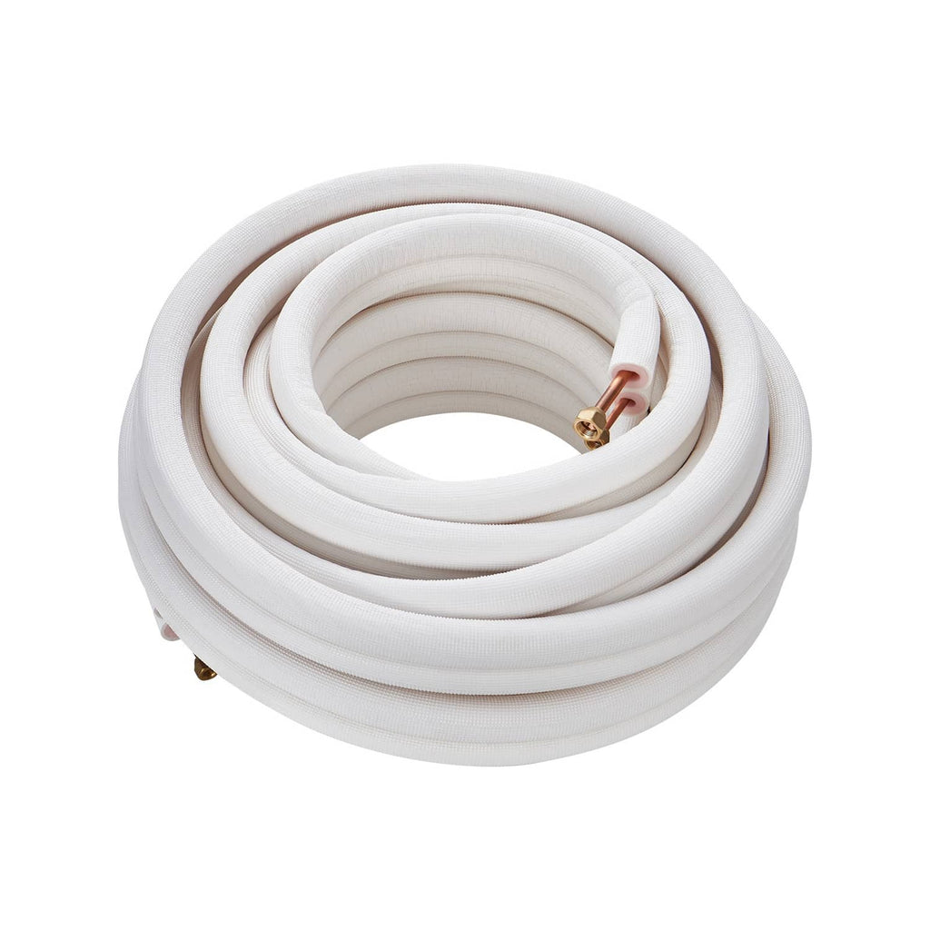 Coiled insulated mini-split line set with white tubing and visible copper connection end