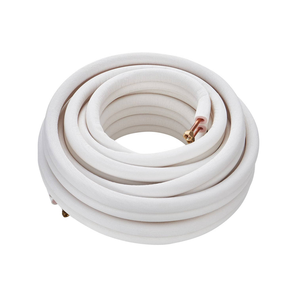 Coiled insulated mini-split line set with white tubing and visible copper connection end