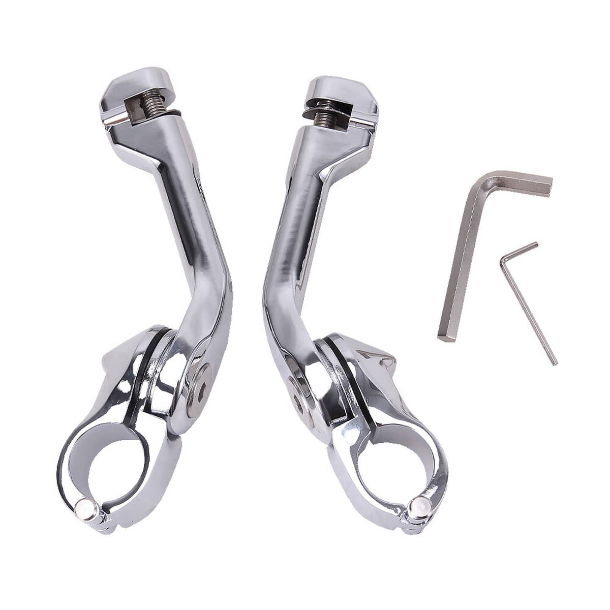 Chrome long motorcycle highway foot pegs with mounting clamps and included hex key