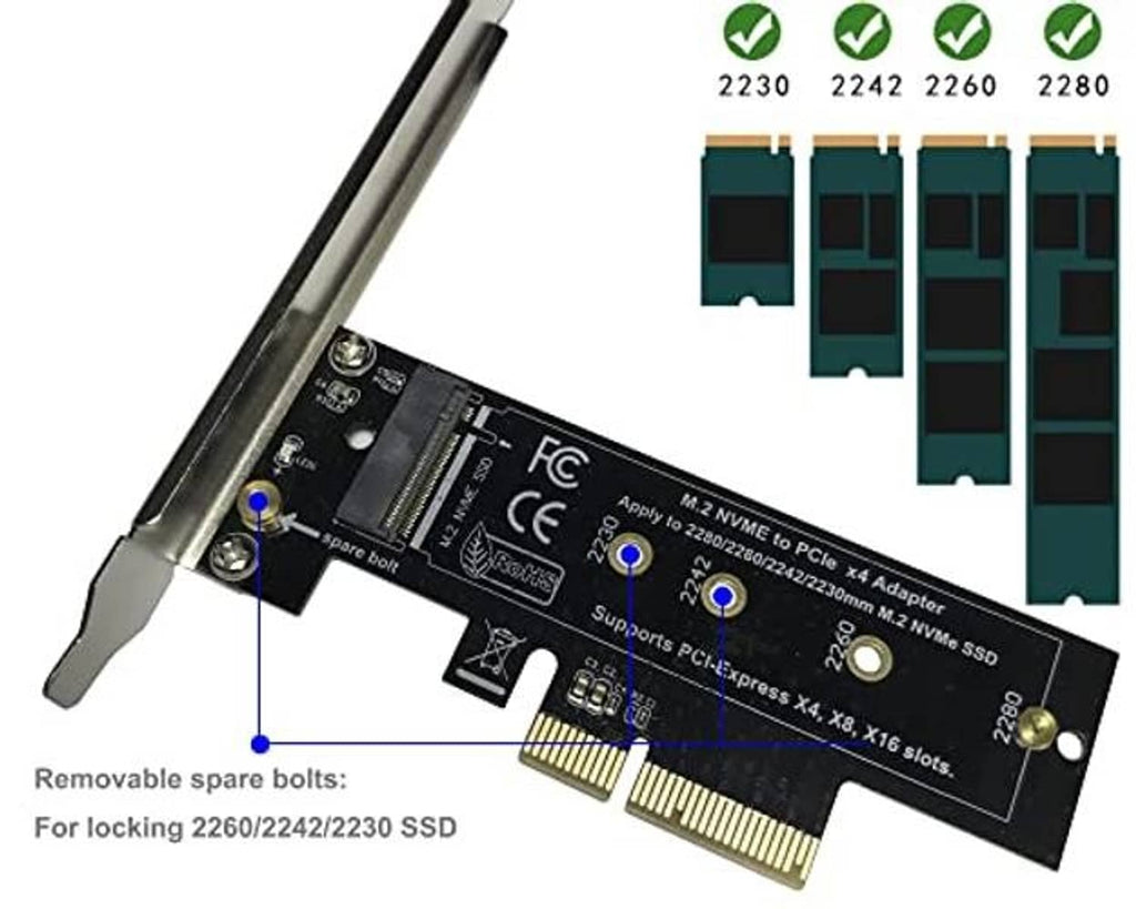 M.2 NVMe to PCIe x4 adapter with removable mounting bolts and exposed edge connector