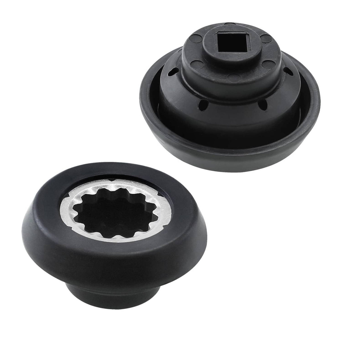 Black drive socket adapter set with two replacement caps and internal drive insert