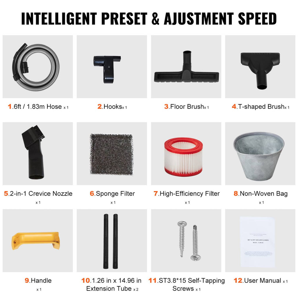 Vacuum accessory set: crevice nozzle, brush heads, sponge filter, and dust bag