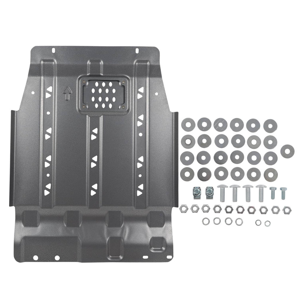 Dark gray steel transmission skid plate with perforated vent insert and mounting holes
