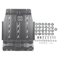 Dark gray steel transmission skid plate with perforated vent insert and mounting holes