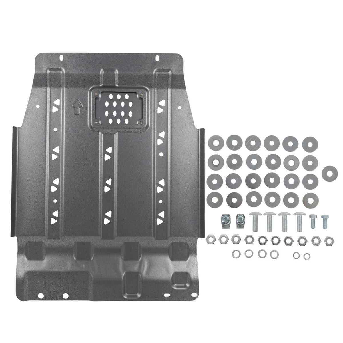Dark gray steel transmission skid plate with perforated vent insert and mounting holes
