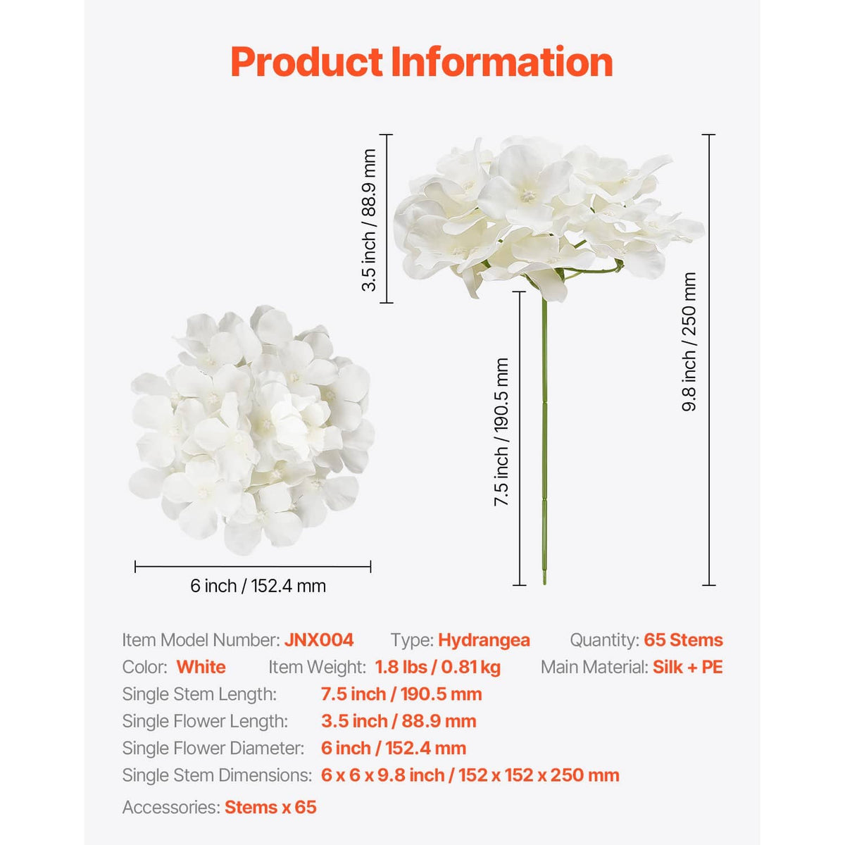 White artificial hydrangea flower bouquet with green stems and layered round blooms