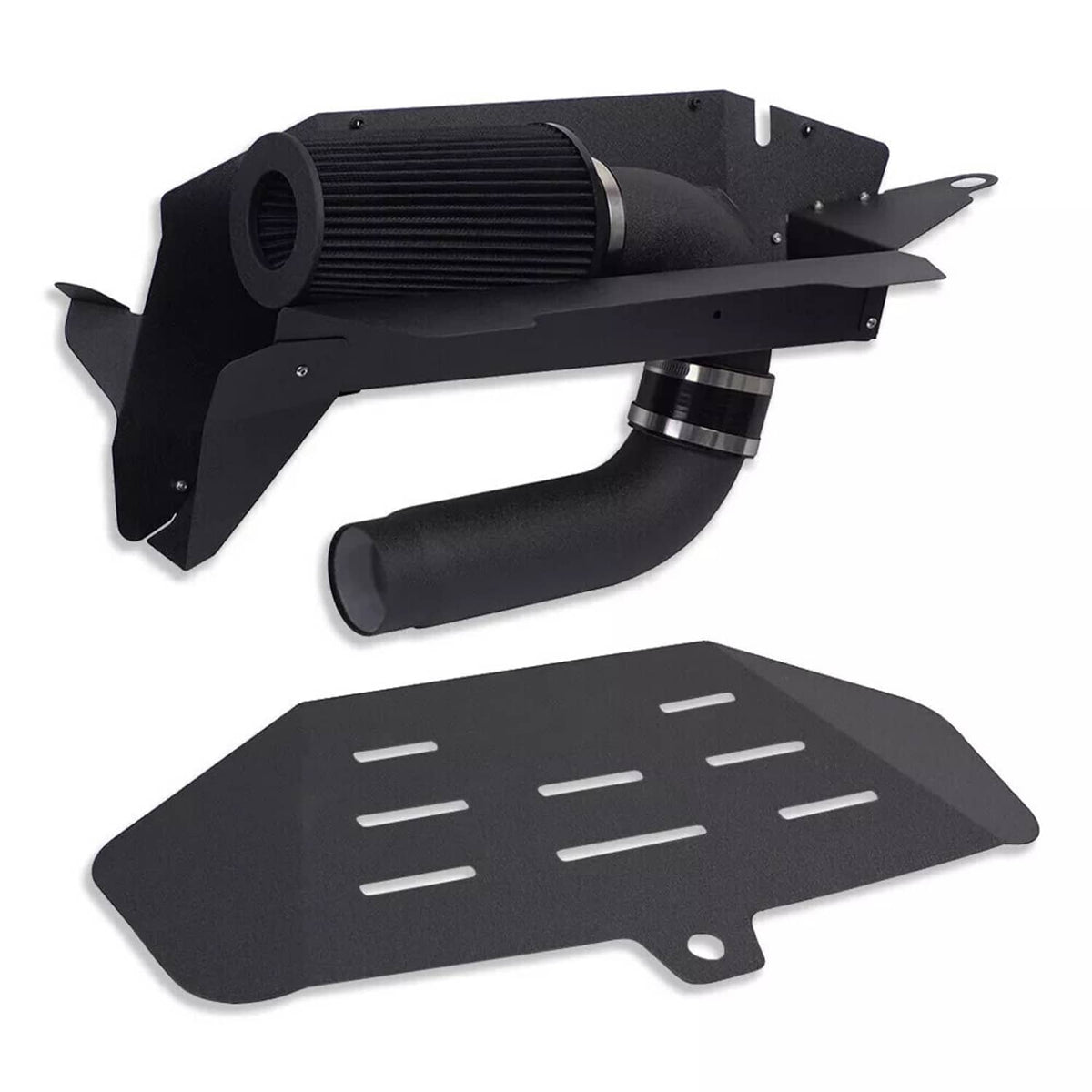 Cold air intake kit set with black cone air filter, heat shield, and intake tube