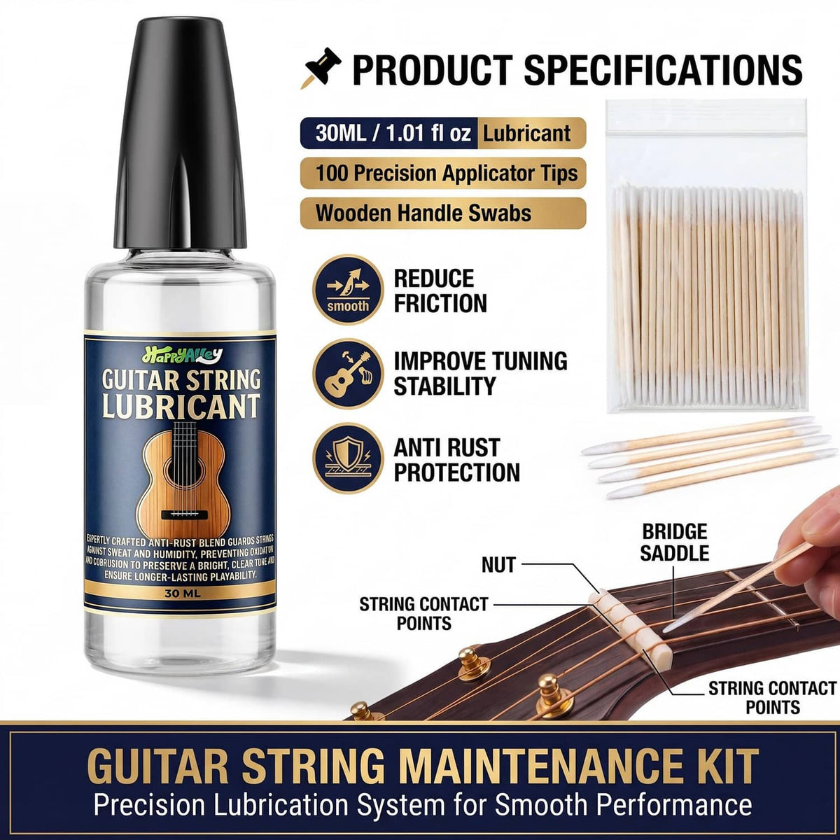 Guitar string lubricant bottle with 100 precision swab applicator tips and wooden handles