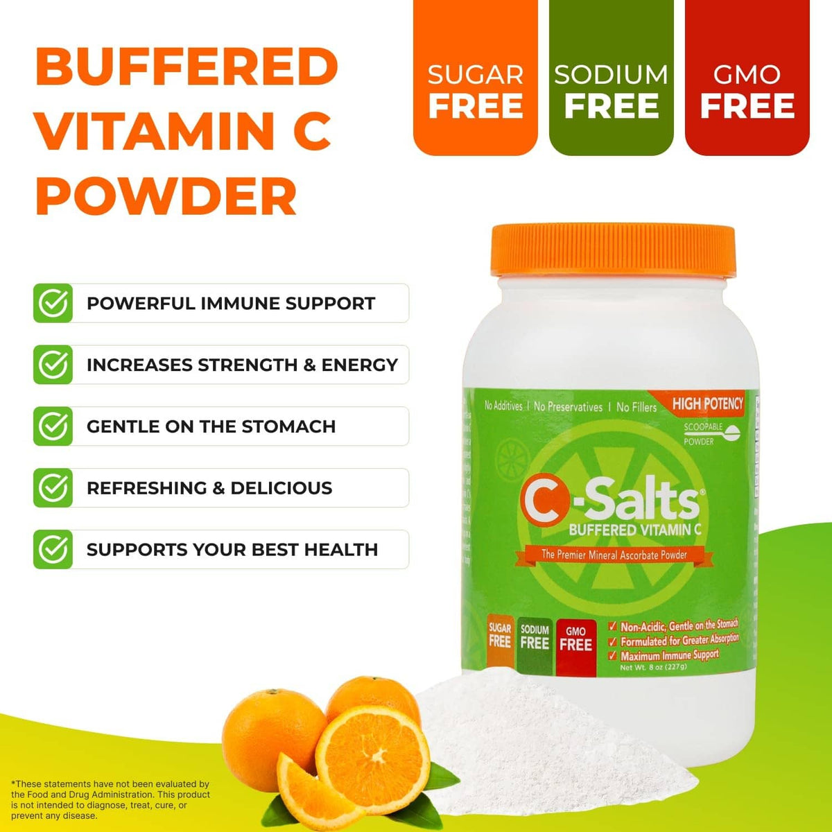 Buffered vitamin C powder jar with orange cap, green label, and vitamin C powder.