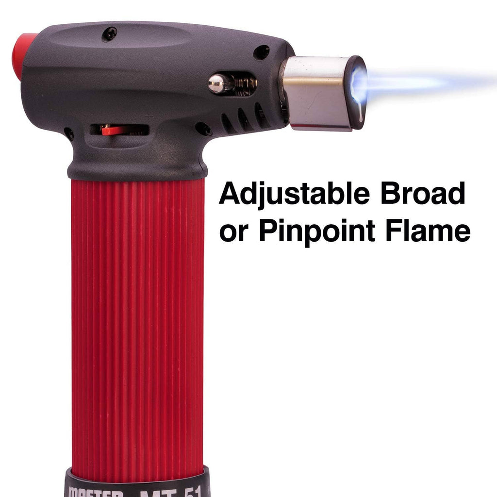 Butane torch lighter with lit flame at adjustable nozzle and red ribbed grip.
