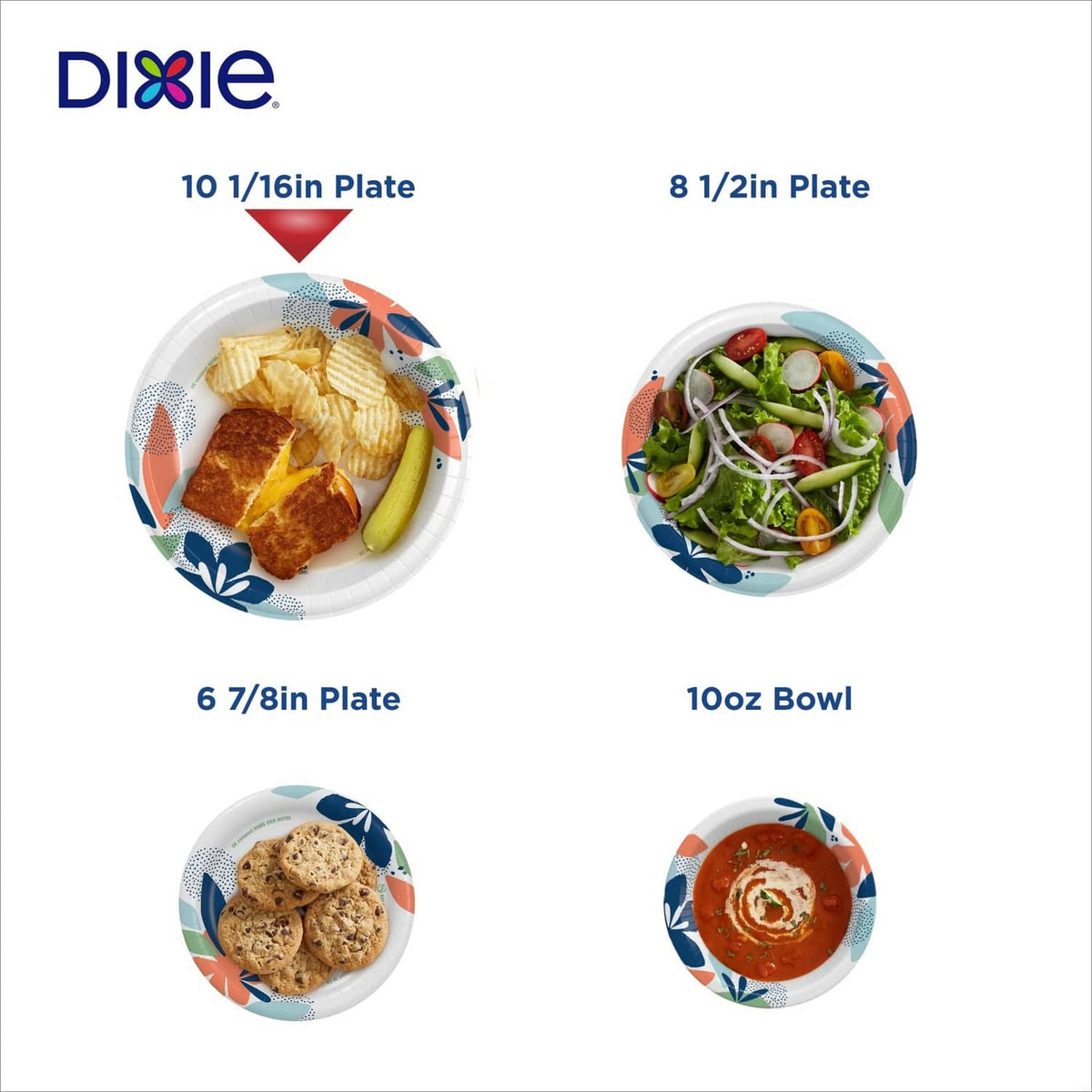 Dixie tableware size chart graphic showing 10 1/16-inch and 8 1/2-inch plates