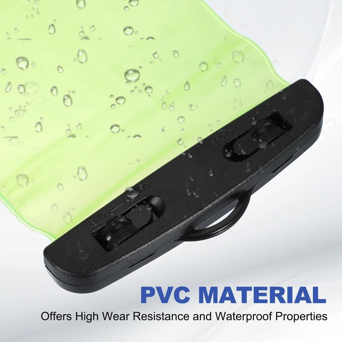 Green waterproof PVC walkie talkie case with clear window and black bottom clip bar