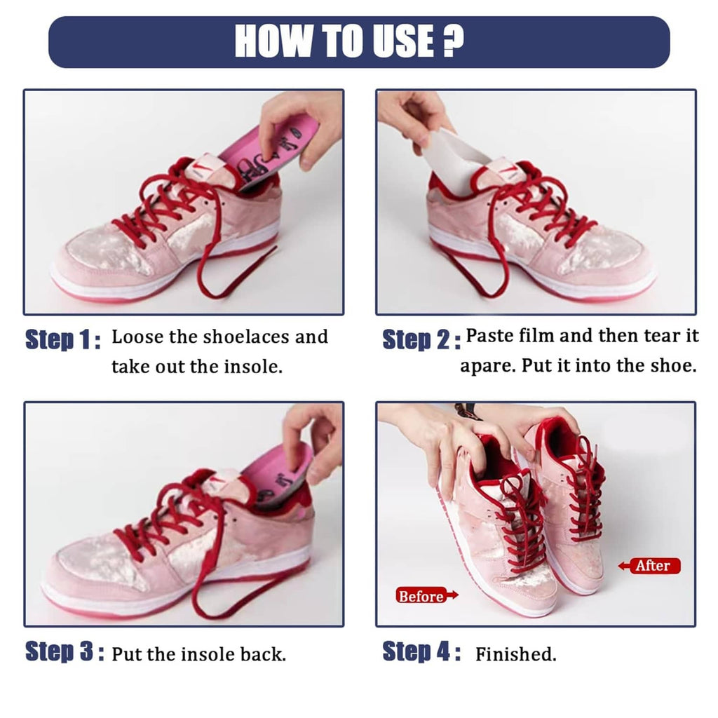 White perforated toe protector pad placed in a sneaker, step-by-step setup