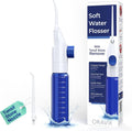 White and blue handheld oral water flosser with clear nozzle and reservoir