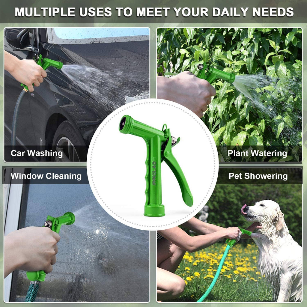 Green pistol-grip hose nozzle with spray head for watering and cleaning tasks