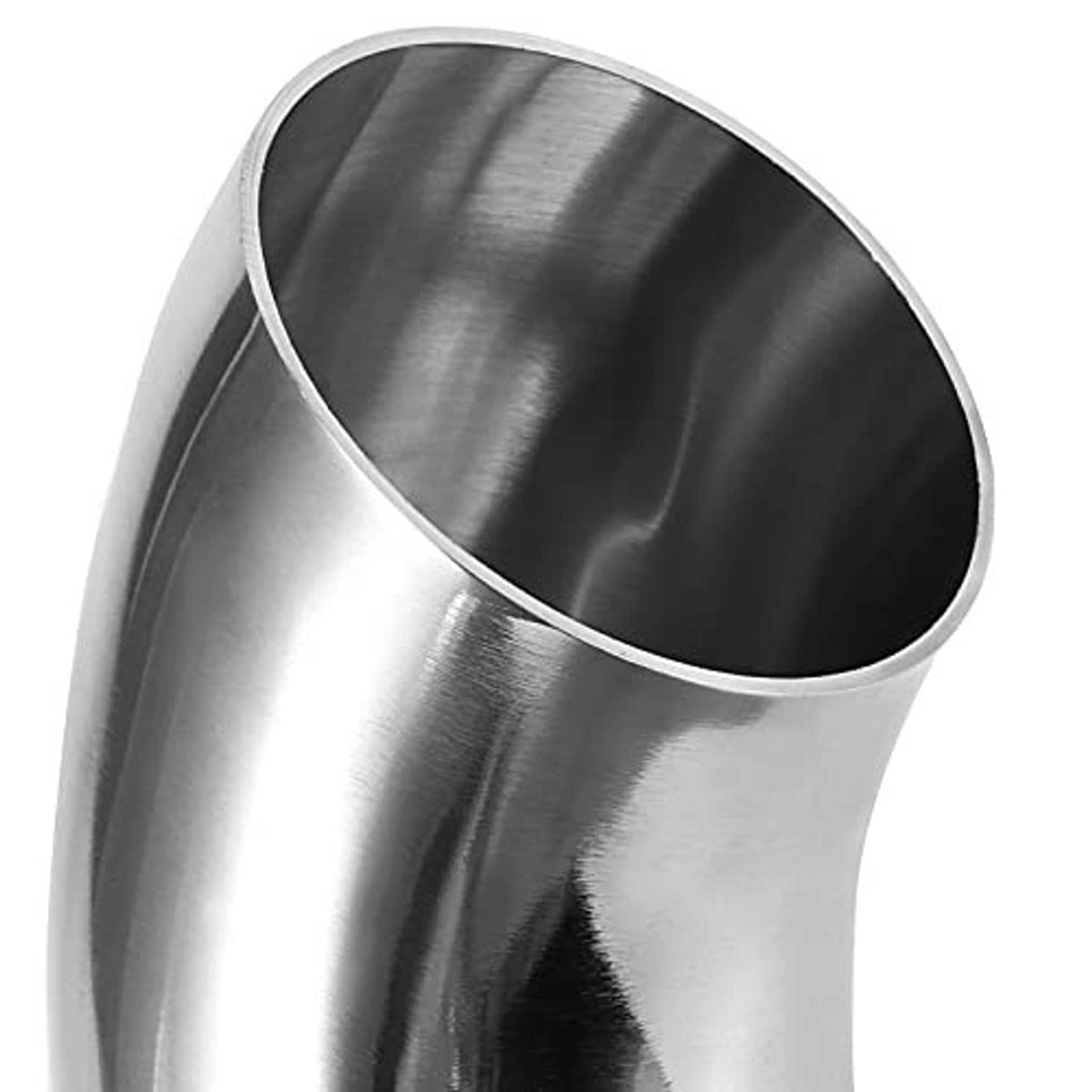 3 in 90° stainless steel elbow fitting close-up, smooth curved joint and interior