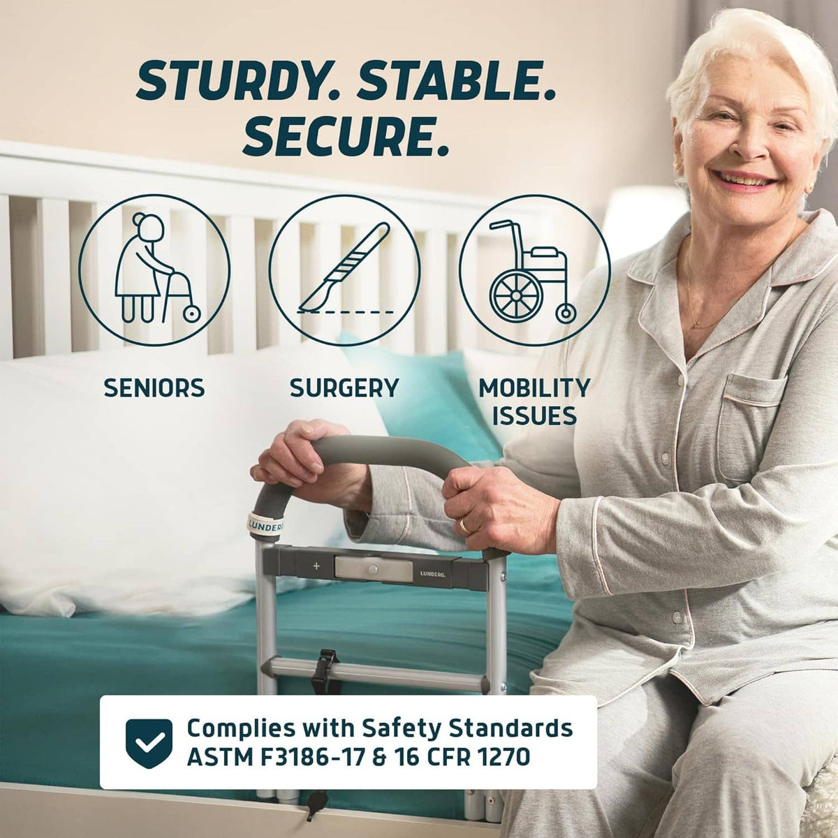 Bed assist rail with curved grab handle and motion light, held by senior
