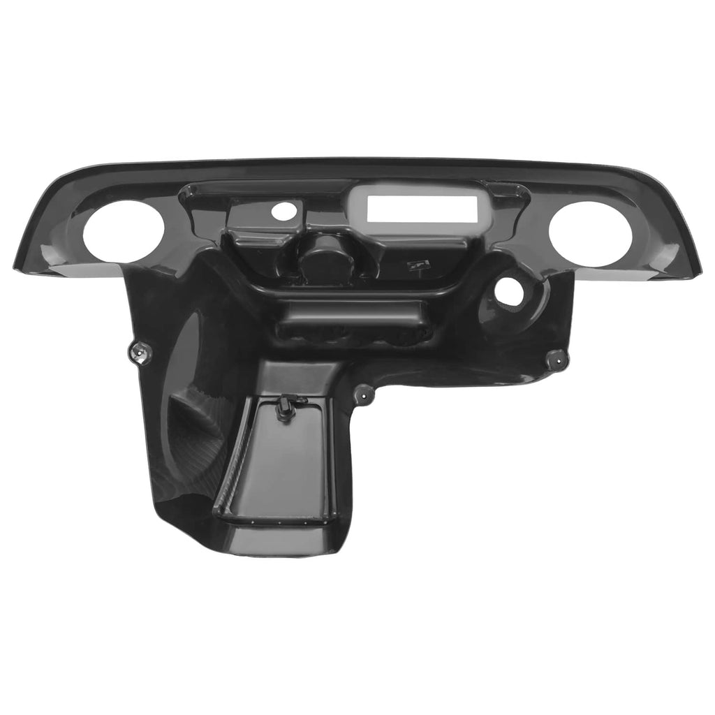 Carbon fiber style dash panel underside with radio opening and speaker holes, dark finish