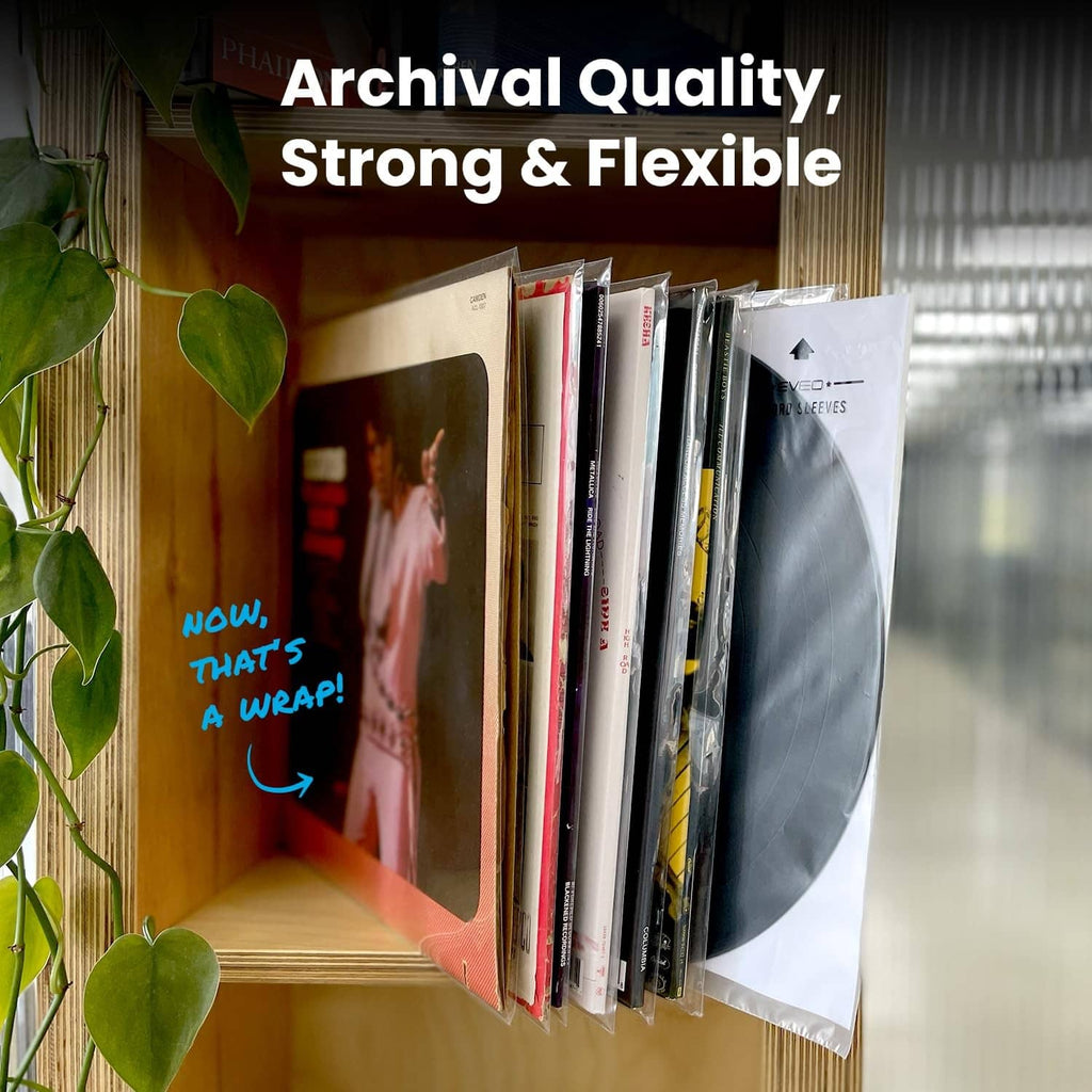 Clear vinyl record outer sleeves hanging in a row for organized storage.
