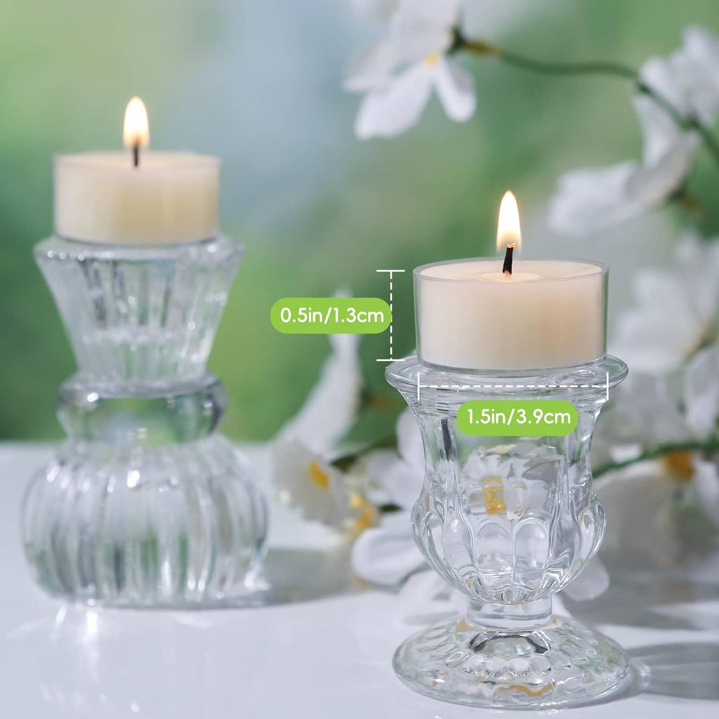Cream beeswax tea light candle in clear glass holder, single flame burning