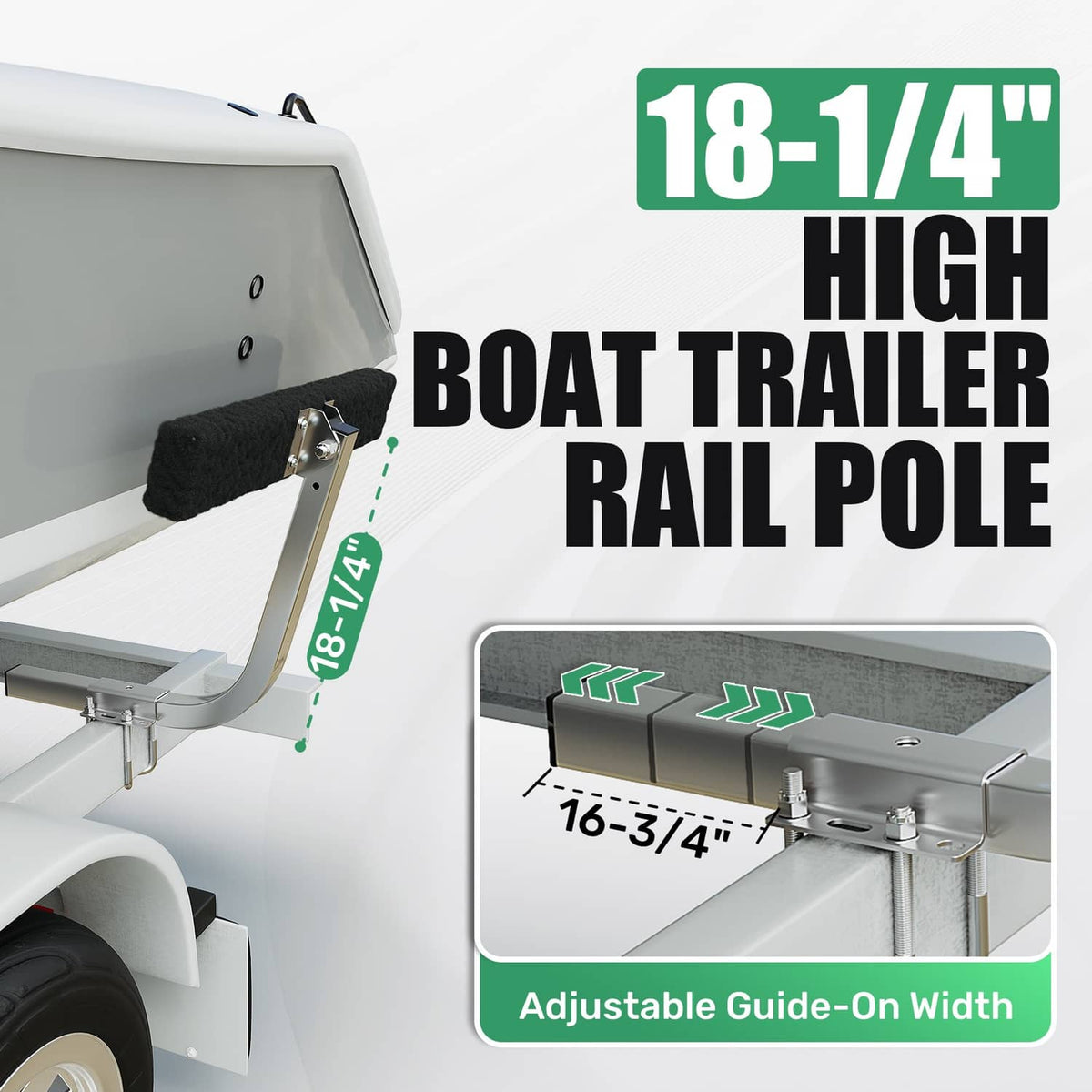 Adjustable boat trailer rail guide with black carpet pad and zinc-plated support