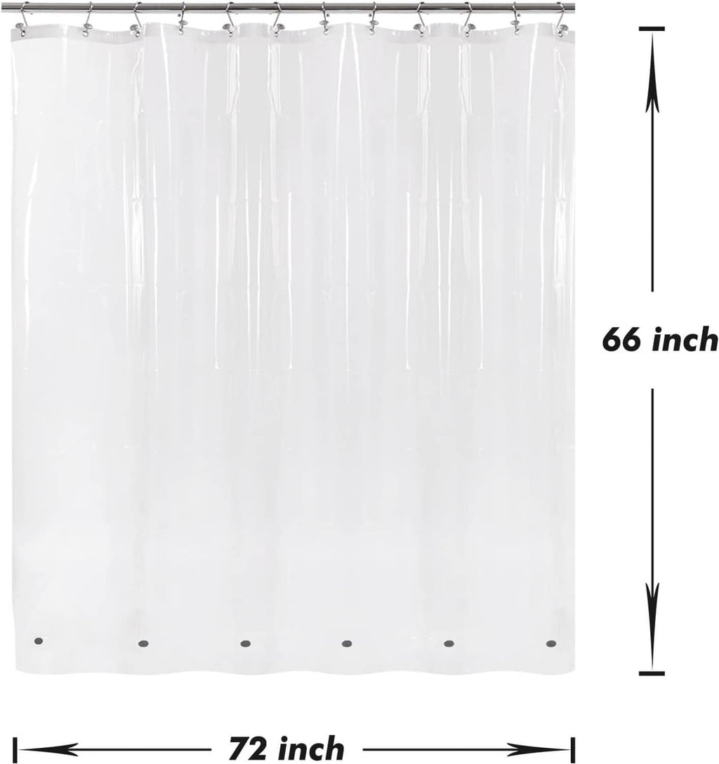 Clear shower curtain liner sized 72 in wide by 66 in long