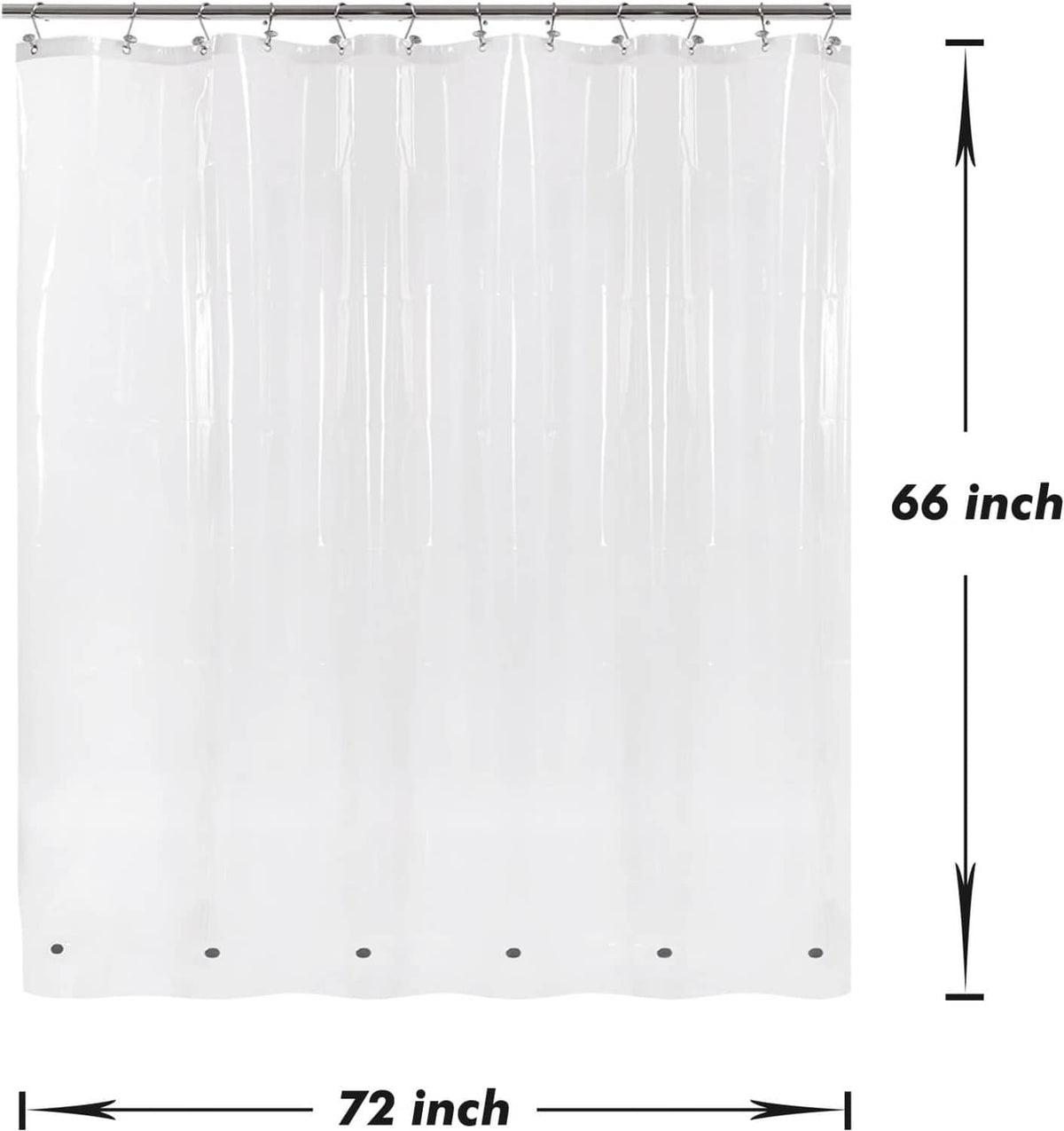 Clear shower curtain liner sized 72 in wide by 66 in long