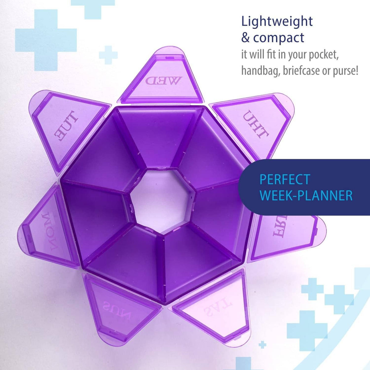 Lightweight purple weekly pill organizer with 7 printed day lids, open center