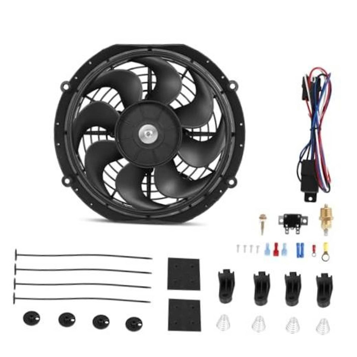 10-inch slim electric radiator cooling fan kit with black fan shroud and mounting ring