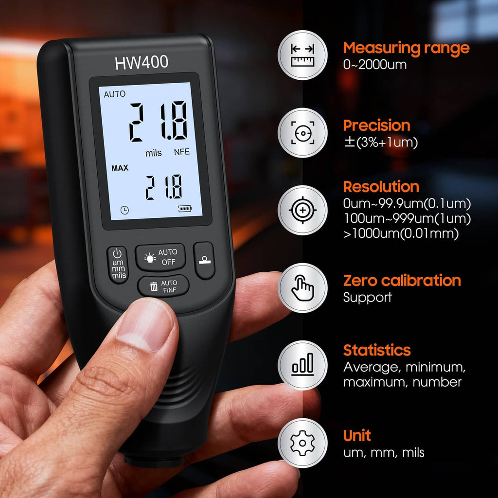 Digital coating thickness gauge close-up with screen showing thickness values.