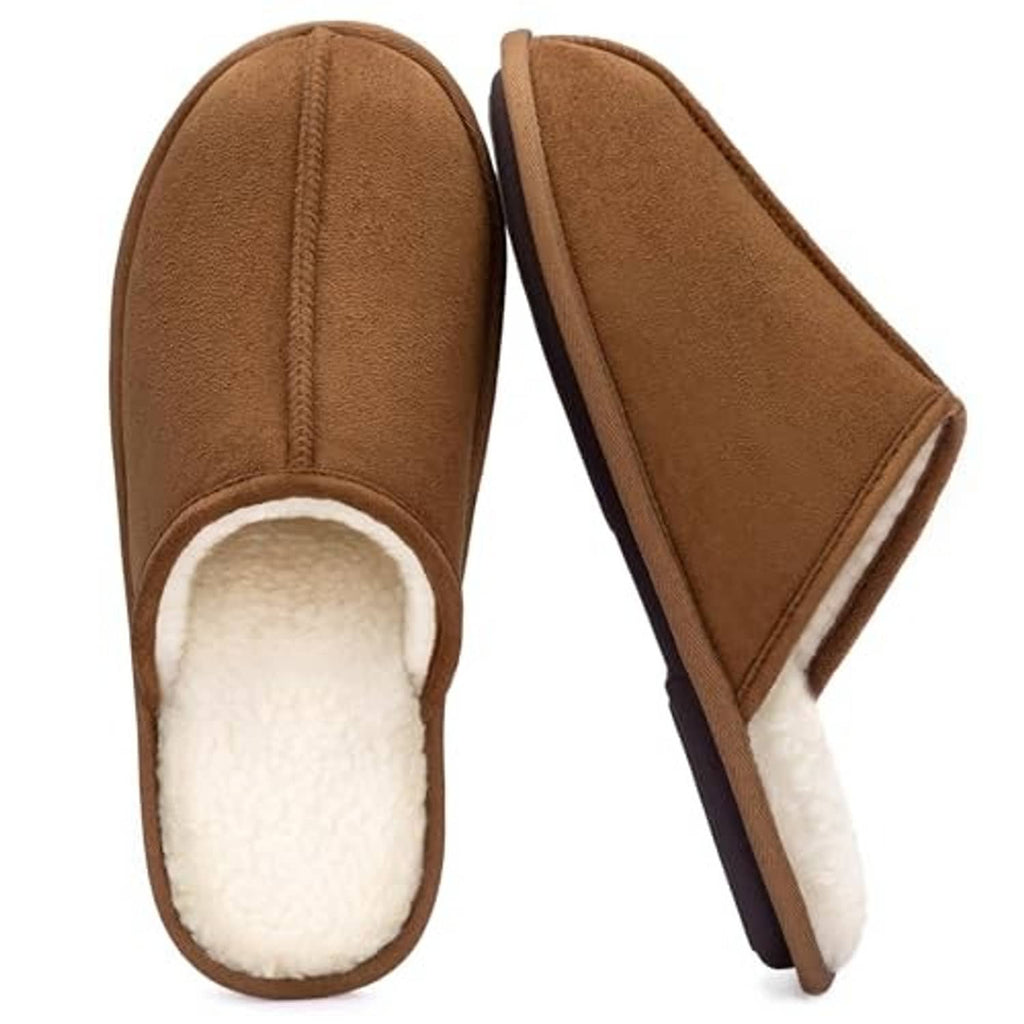 Chestnut brown micro-suede scuff slipper pair with white sherpa fleece lining