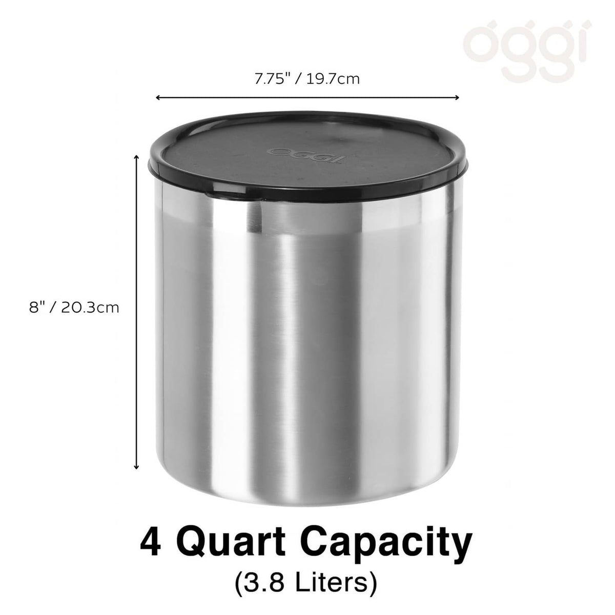 Stainless steel oil storage container, 4-quart capacity with fitted black lid