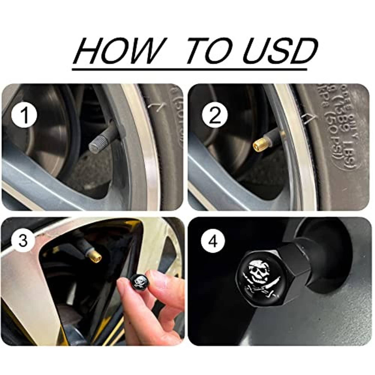 Black pirate skull valve stem cap being installed on a tire valve