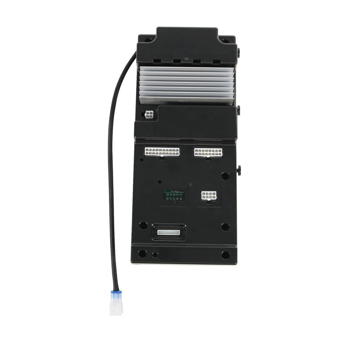 Black controller assembly rear side with heat sink, ports, and multi-pin sockets