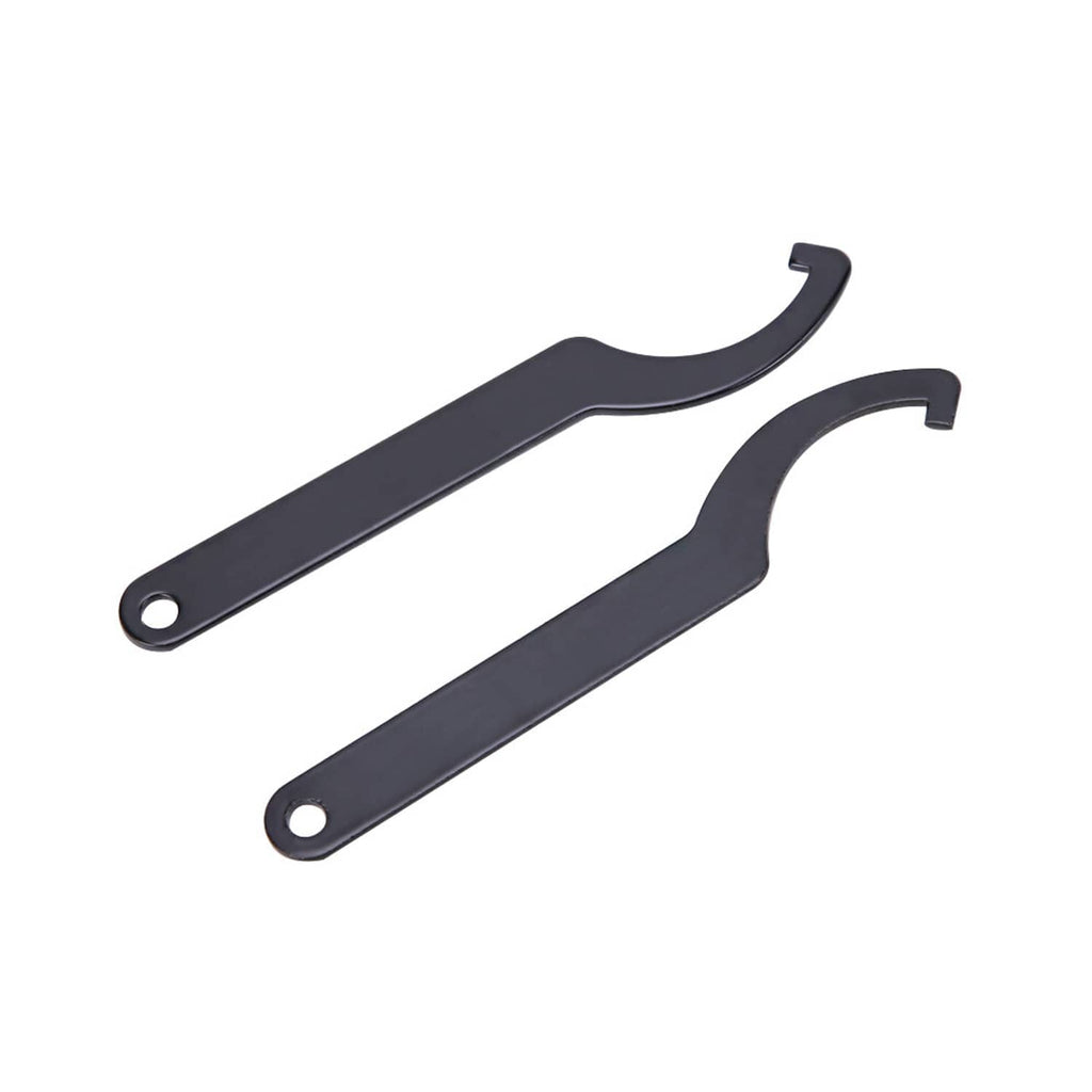 Pair of dark gray C-spanner hook wrenches with end holes