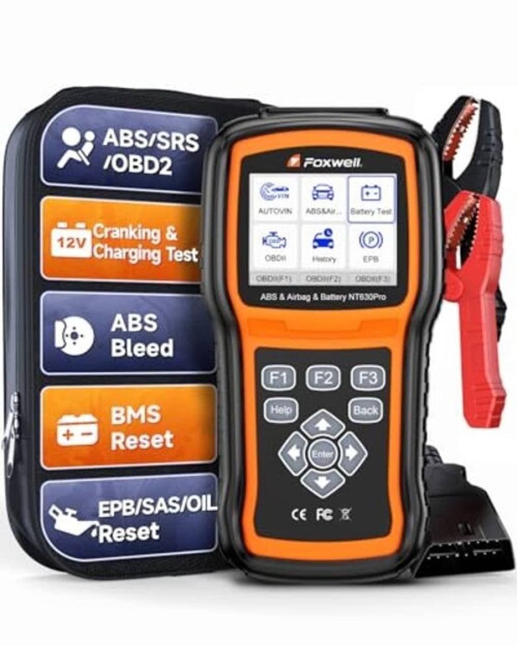 Handheld Foxwell ABS/SRS OBD2 scan tool with orange display and red battery leads