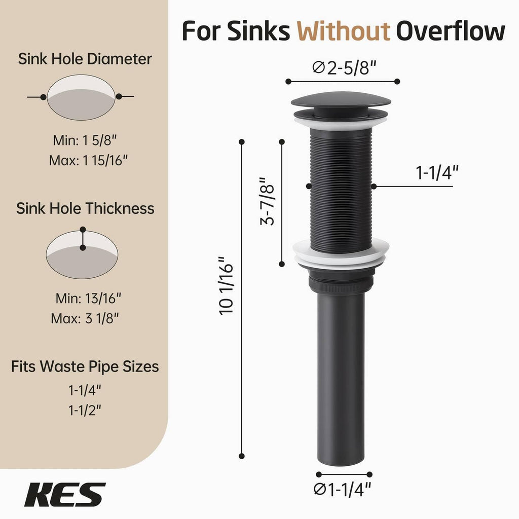 Matte black pop-up sink drain with extended thread, sized for sink hole fit