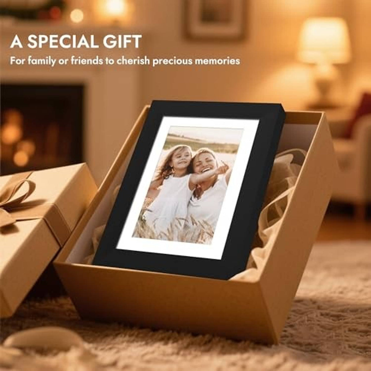 Black 8x10 picture frame on cardboard stand, showing a family photo.