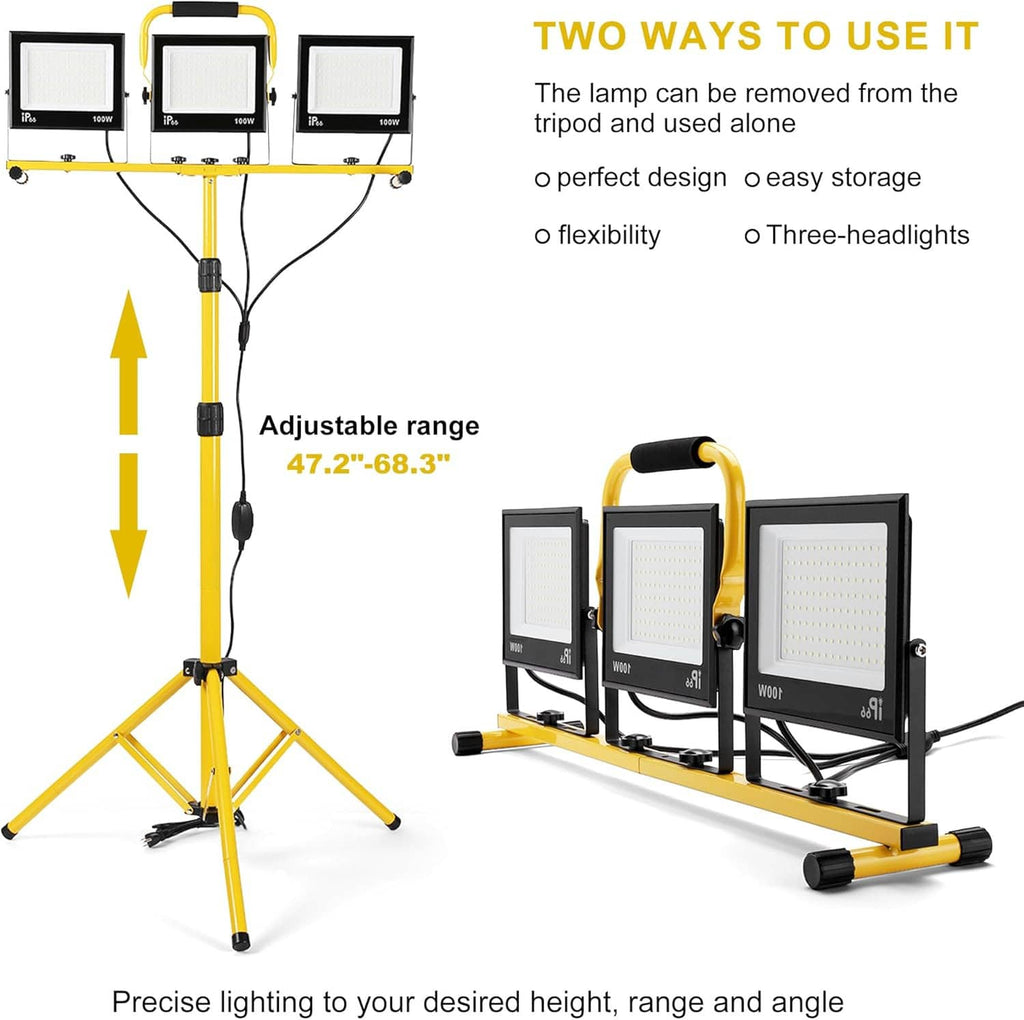 Adjustable height 3-head LED work light on tripod stand, three black LED panels